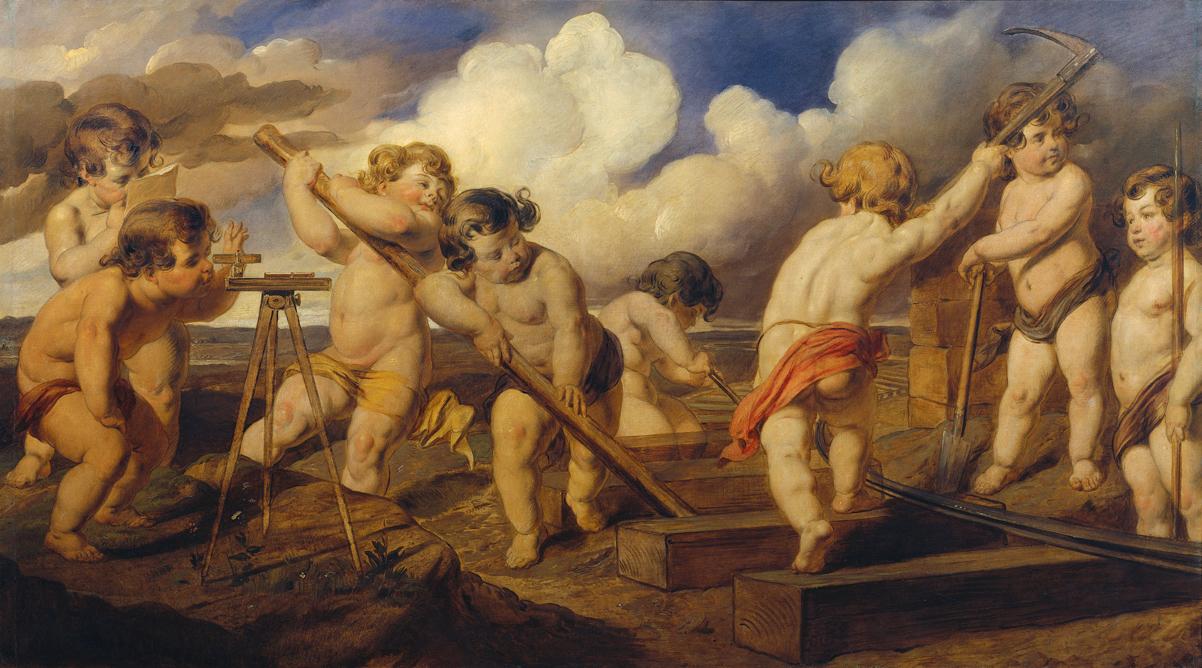 Putti Laying Railway Track