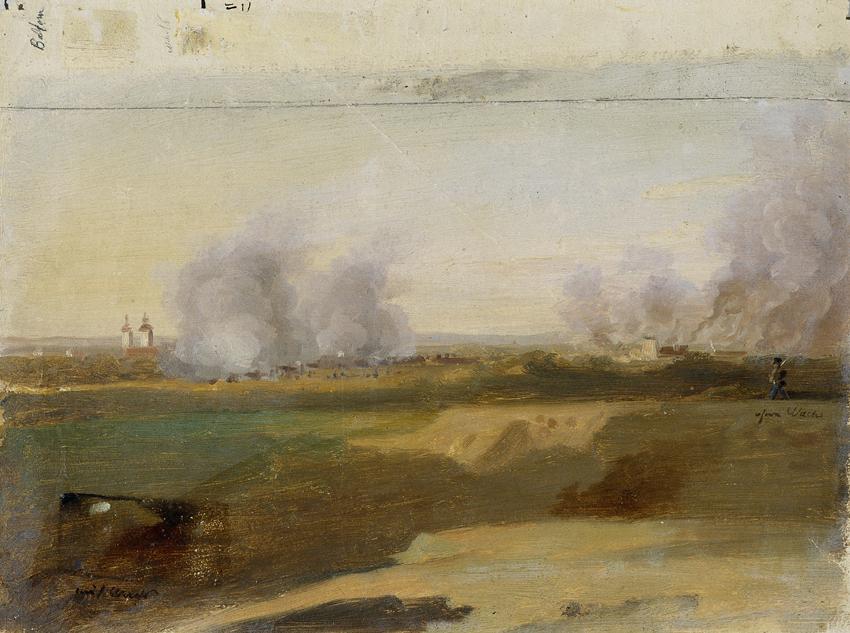 Johann Peter Krafft, Landschaftsstudie mit brennenden Dörfern im Hintergrund, 1830/1840, Öl auf…