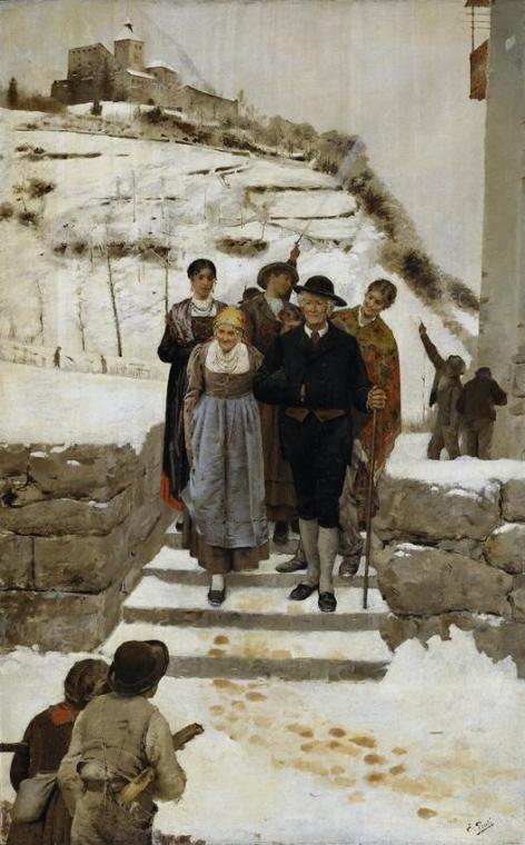 Eugenio Prati, Goldene Hochzeit in Südtirol, nach 1879, Öl auf Leinwand, 95 x 70 cm, Belvedere,…