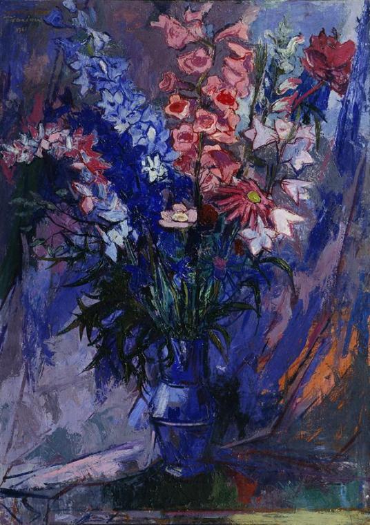 Maximilian Florian, Blauer Krug mit Blumen, 1961, Öl auf Leinwand, 120,3 x 85,3 cm, Artothek de…