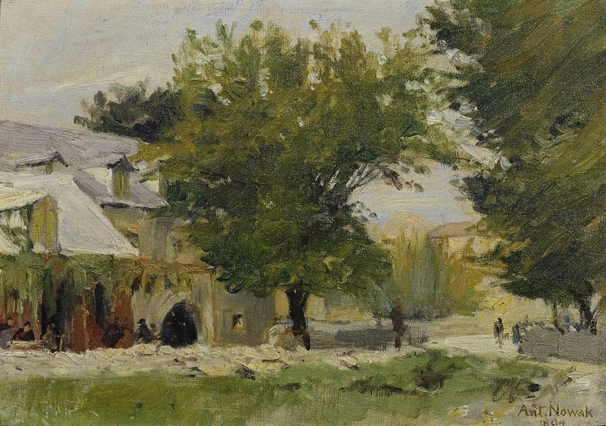 Anton Nowak, Gasthaus in Salona an der Straße nach Glisse, 1894, Öl auf Leinwand auf Karton, 27 ...