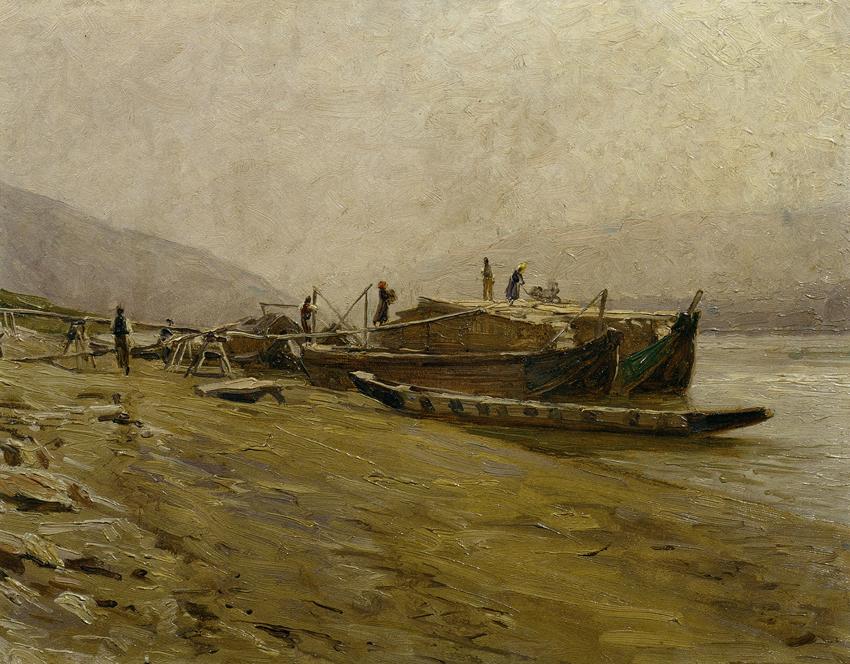 Stefan Simony, Donauschleppschiffe bei Spitz, 1904, Öl auf Karton, 27 x 35 cm, Belvedere, Wien,…