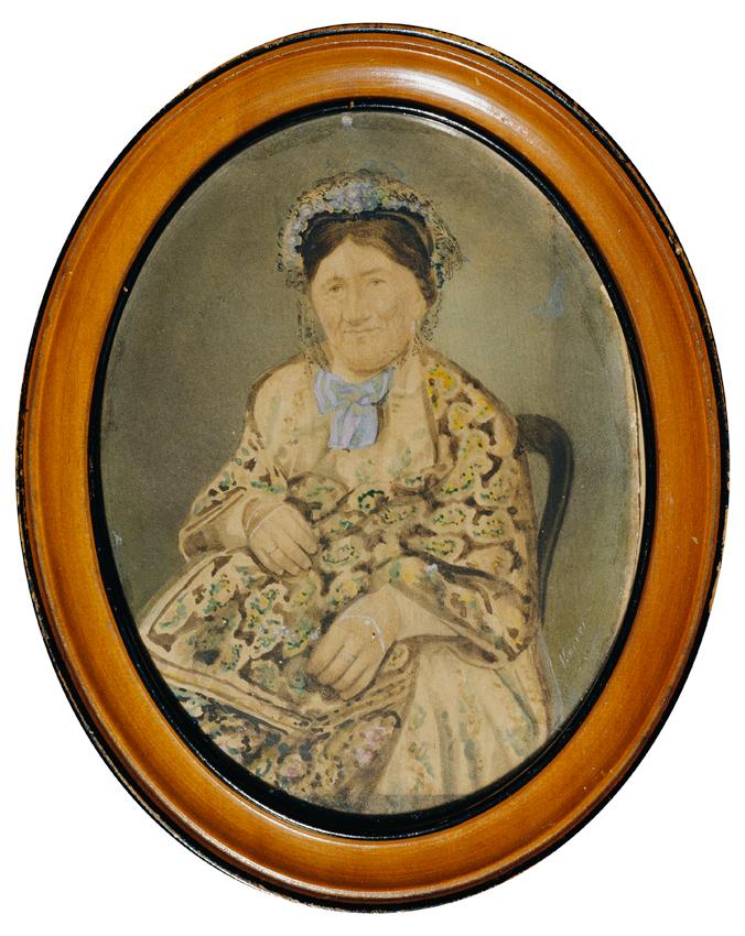 Karrer (unbekannter Künstler), Alte Frau mit blauer Masche, Aquarell auf Papier, Hochoval: 13 ×…