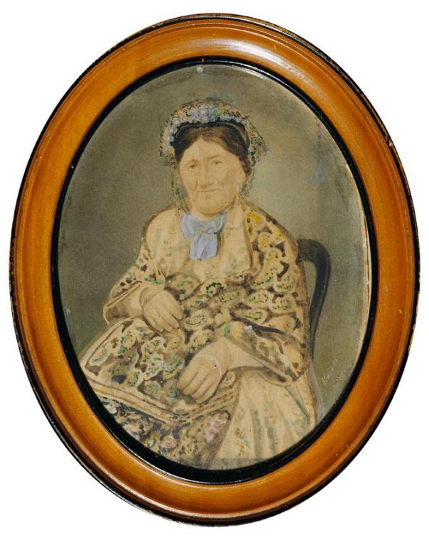 Karrer (unbekannter Künstler), Alte Frau mit blauer Masche, Aquarell auf Papier, Hochoval: 13 ×…