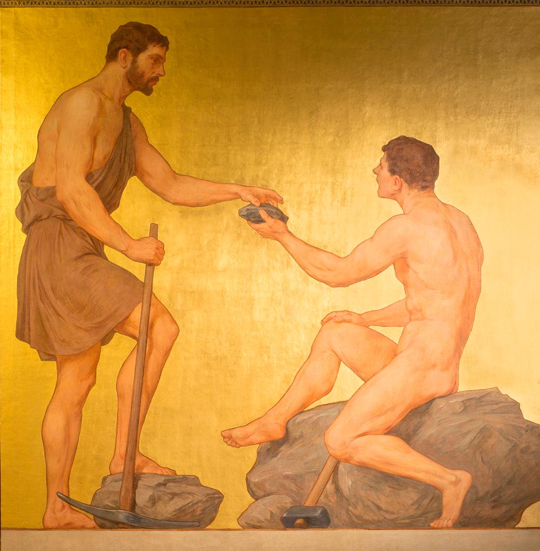 Eduard Lebiedzki, Bergbau, 1907–1911, Öl auf Leinwand, vergoldet, 220 × 218,5 cm, Dauerleihgabe…