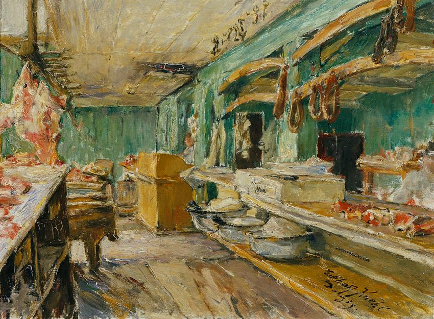 Gotthardt Kuehl, Fleischladen in Lübeck, Öl auf Holz, 26 x 36 cm, Belvedere, Wien, Leihgabe des…