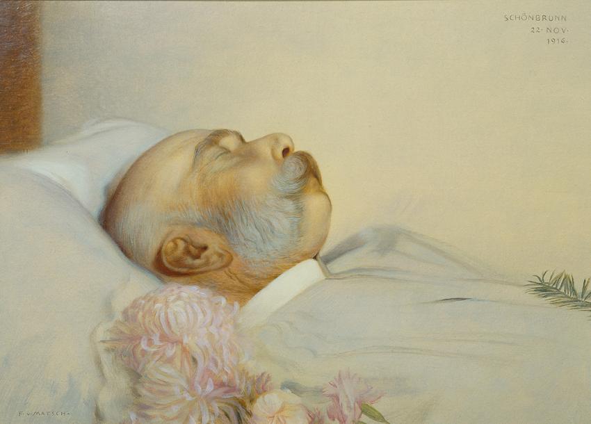 Franz von Matsch, Kaiser Franz Joseph I. auf dem Sterbebett, 1916, Öl auf Karton, 51,5 × 69,5 c ...