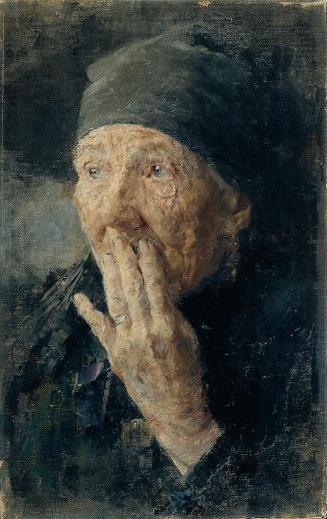 Karoline Kubin, Kopf einer alten Frau mit der Hand am Mund, Öl auf Leinwand, 45 x 28,5 cm, Belv…