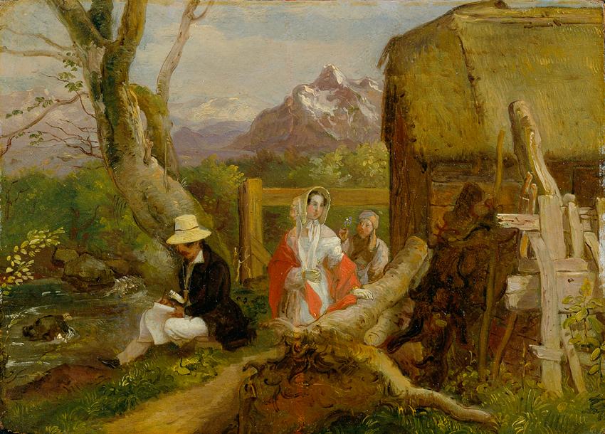 Franz Krammer, Der Maler und Spaziergänger in der Landschaft ("Idyll"), um 1830/1834, Öl auf Ho…