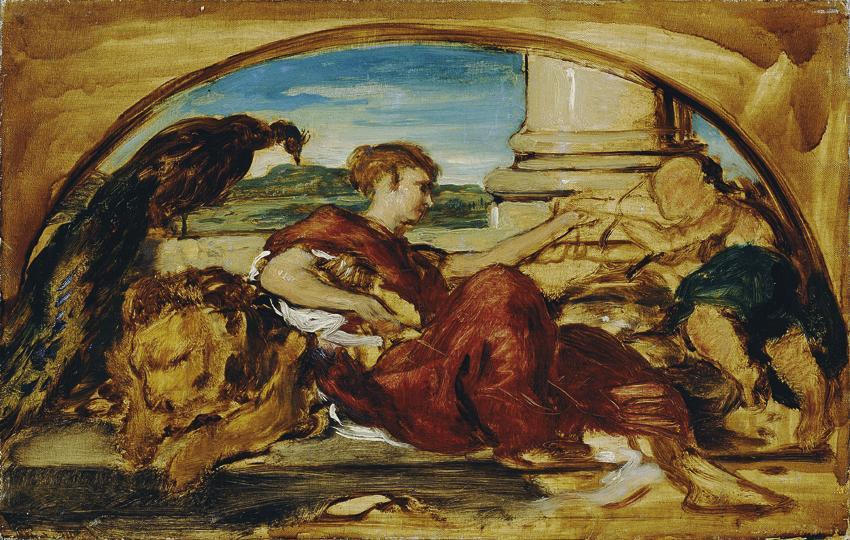 Hans Canon, Allegorische Figur mit Löwe und Pfau, 1882/1883, Öl auf Leinwand, 37 x 58,4 cm, Bel…