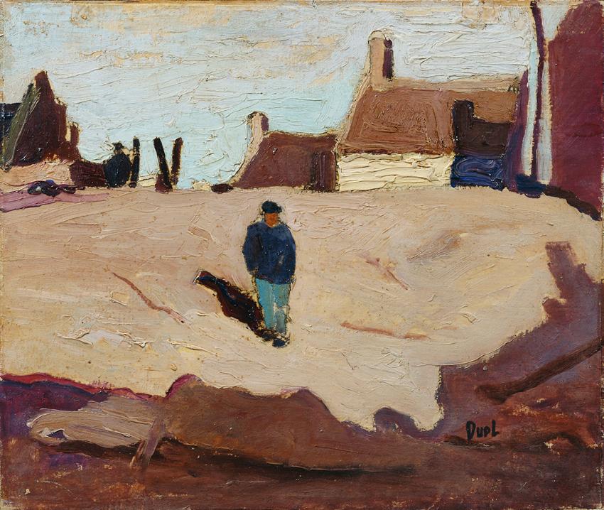 Erich Dusl, Allein auf dem Platz, um 1950, Öl auf Holz, 26 x 31 cm, Belvedere, Wien, Inv.-Nr. 6…