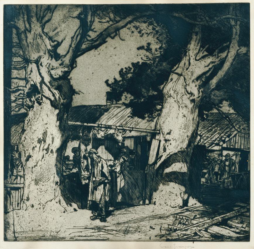 Frank Brangwyn, Der Fleischerladen, vor 1909, Radierung, 54 x 54 cm, Belvedere, Wien, Inv.-Nr. …