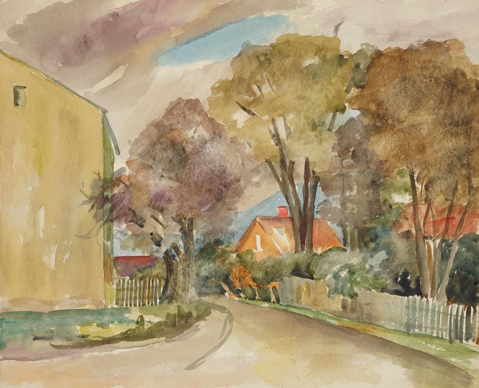 Anny Dollschein, Herbststraße, nach 1938, Aquarell, 41,5 × 51,5 cm, Belvedere, Wien, Inv.-Nr. 1 ...