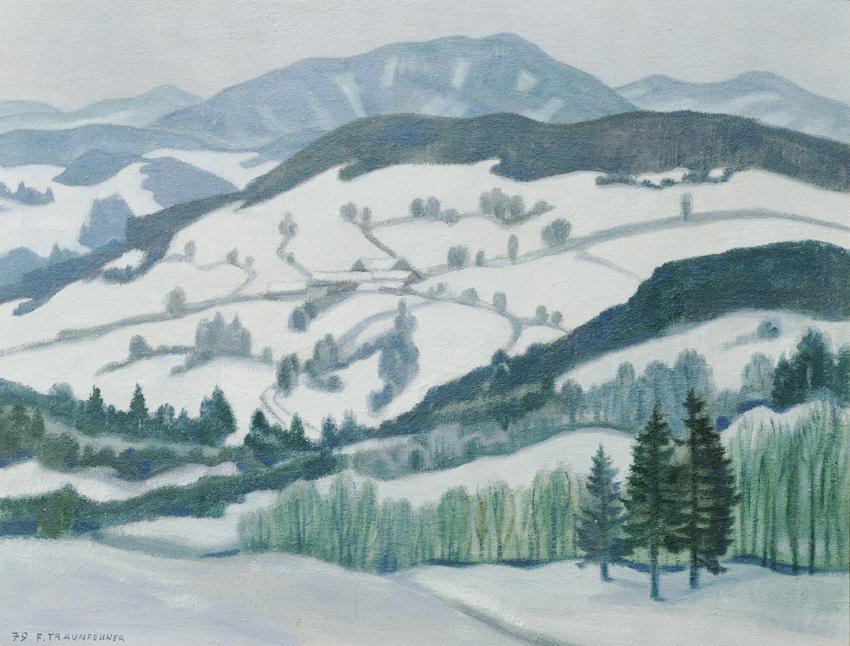 Franz Traunfellner, Winterlandschaft, 1979, Öl auf Leinwand auf Hartfaserplatte, 44 x 58 cm, Be…