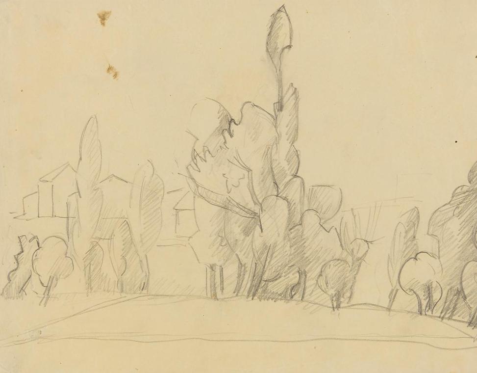 Anny Dollschein, Baumlandschaft mit Häusern, Kohle, 22 × 28 cm, Belvedere, Wien, Inv.-Nr. 11046…