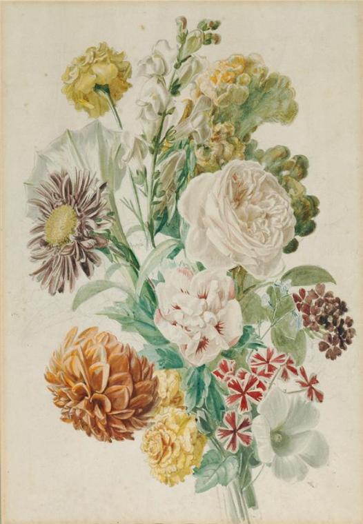 Leopold von Stoll, Blumenstrauß mit Rose und Dahlie, um 1800/1820, Aquarell auf Papier, 49,5 x …