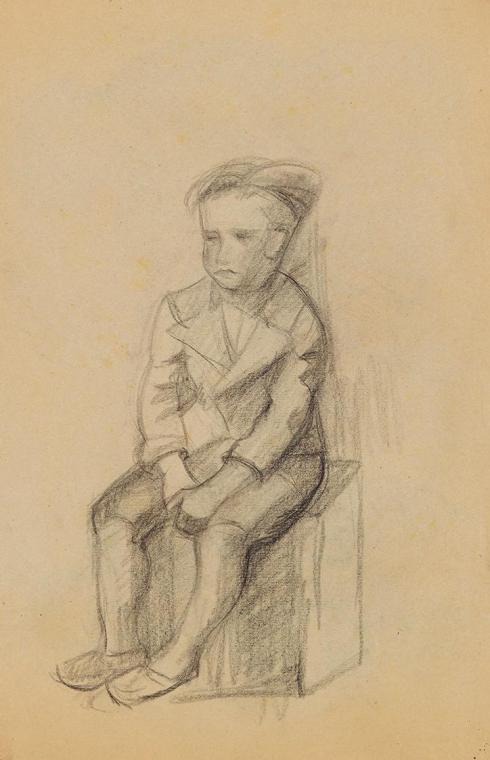 Anny Dollschein, Sitzender Knabe (recto), Kohle, 47,2 × 30,2 cm, Belvedere, Wien, Inv.-Nr. 1104…