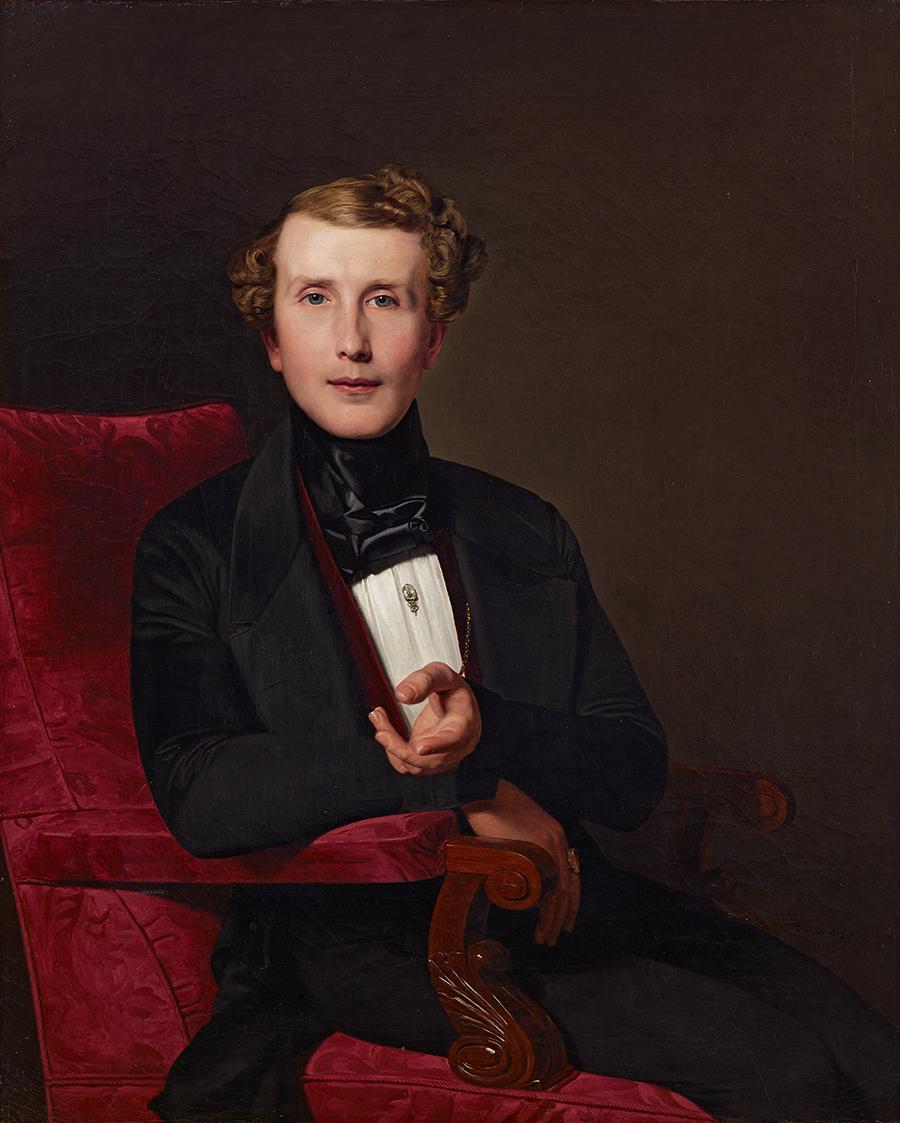 Ferdinand Georg Waldmüller, Junger Herr in schwarzer Kleidung auf rotem Lehnstuhl, 1842, Öl auf…