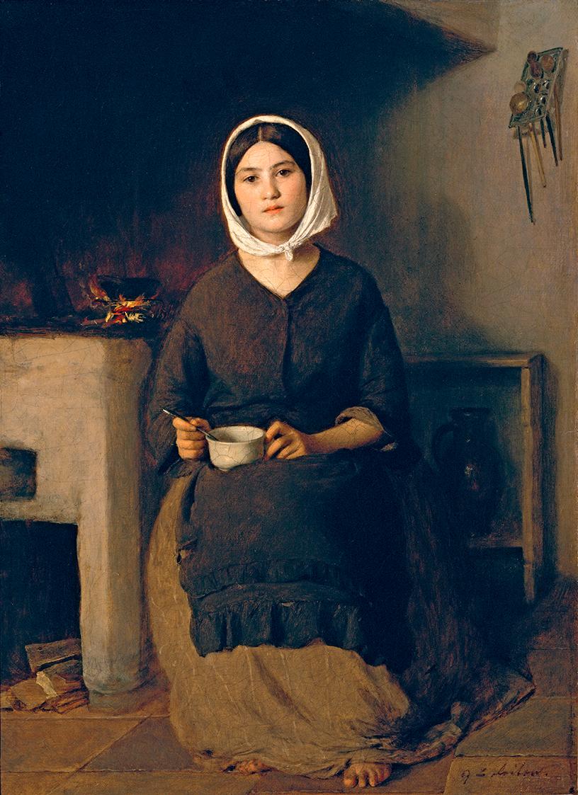 Johann Baptist Reiter, Sitzende Frau in einer Bauernküche, vor 1860, Öl auf Leinwand, 36,5 x 27 ...