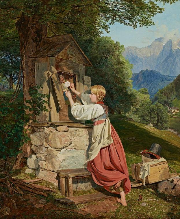 Ferdinand Georg Waldmüller, Ein Mädchen schmückt die Mutter Gottes mit einer Rose, 1836, Öl auf…
