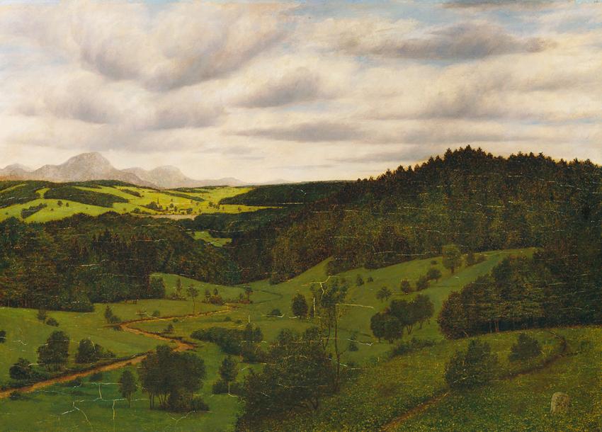 Karl Haider, Oberbayrische Landschaft bei Schliersee mit dem Wendelstein, 1896, Öl auf Holz, 73…