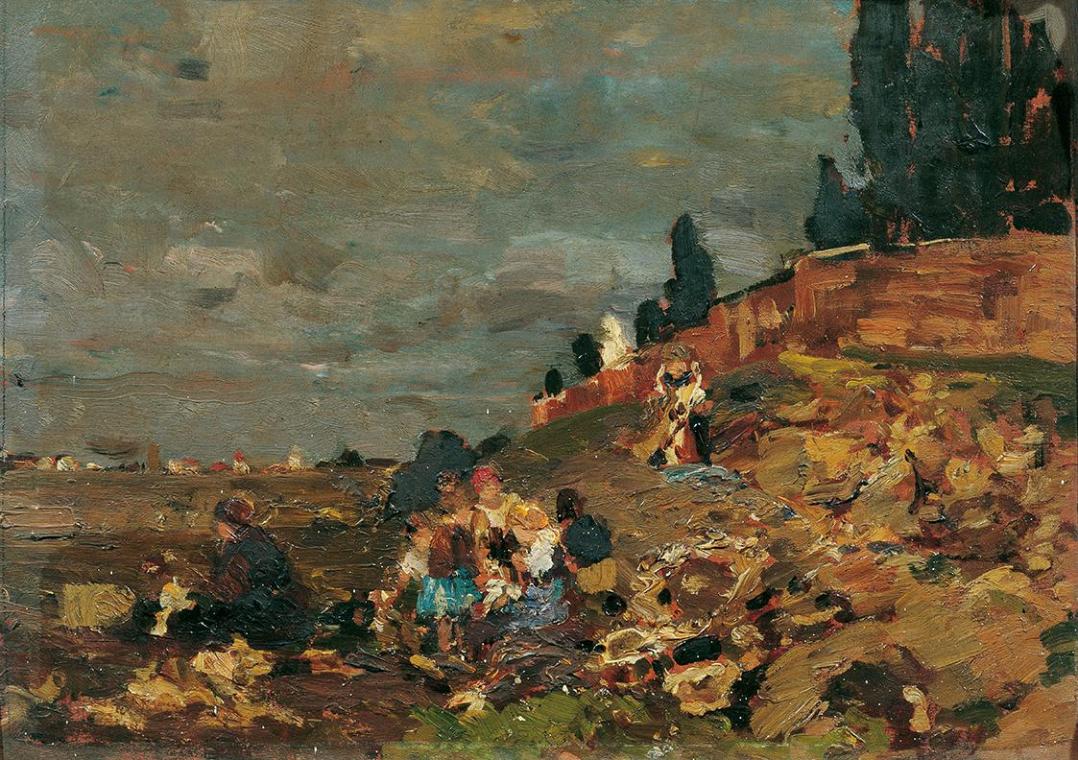 Tina Blau, Kinder an der Friedhofsmauer, 1888, Öl auf Holz, 17,5 x 25 cm, Belvedere, Wien, Inv.…