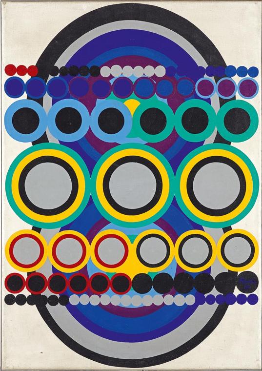 Hermann Painitz, Aus Elementen zusammengesetzte Form, um 1967, Acryl auf Leinwand, 86 × 60,5 cm…