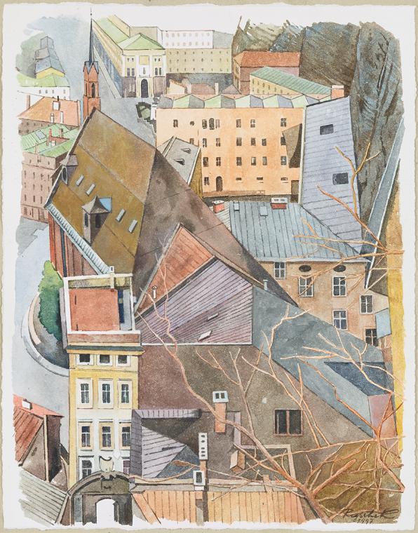 Kurt Regschek, Salzburger Dächerlandschaft, 1997, Aquarell auf Papier, 33,5 × 26,3 cm, Belveder…