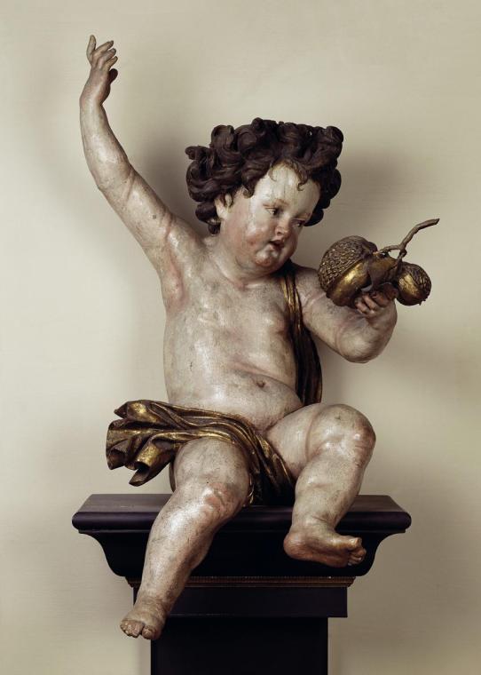 Johann Meinrad Guggenbichler, Putto mit Granatapfel, um 1685/1686, Lindenholz, gefasst, H: 93 c ...