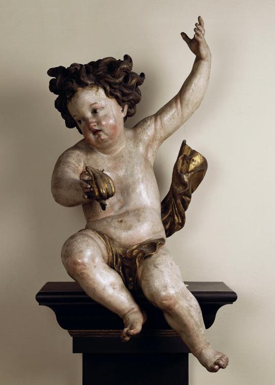 Johann Meinrad Guggenbichler, Putto mit Feige, um 1685/1686, Lindenholz, gefasst, H: 89 cm, Bel ...