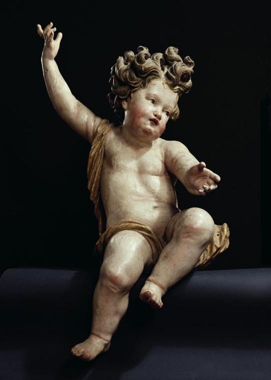 Johann Meinrad Guggenbichler, Putto, um 1685/1686, Lindenholz, gefasst, H: 83 cm, Belvedere, Wi ...