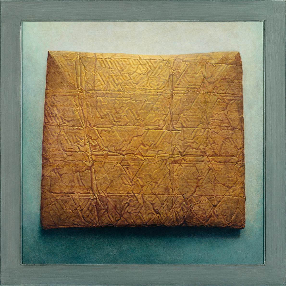 Anne Hauser, Verpackt II, 1995, Acryl, Öl auf Holz, 90 x 90 cm, Belvedere, Wien, Inv.-Nr. 9673