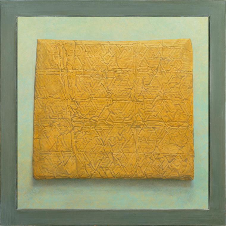 Anne Hauser, Verpackt III, 1995, Acryl, Öl auf Holz, 90 x 90 cm, Belvedere, Wien, Inv.-Nr. 9674