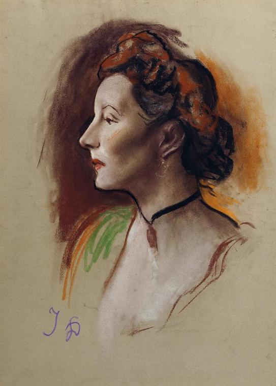 Josef Dobrowsky, Dame im Profil, 1953, Pastell auf getöntem Papier, Passepartout-Maße (Ausschni…
