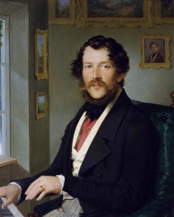 Friedrich Johann Gottlieb Lieder, Bildnis eines Herrn vor dem Klavier, 1844, Öl auf Karton, 31,…