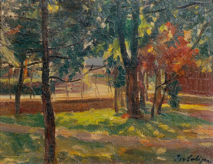 Ivo Salinger, Oberhauser Garten in Bad Goisern, 1920er-Jahre (?), Öl auf Karton, 35 x 27,5 cm,  ...