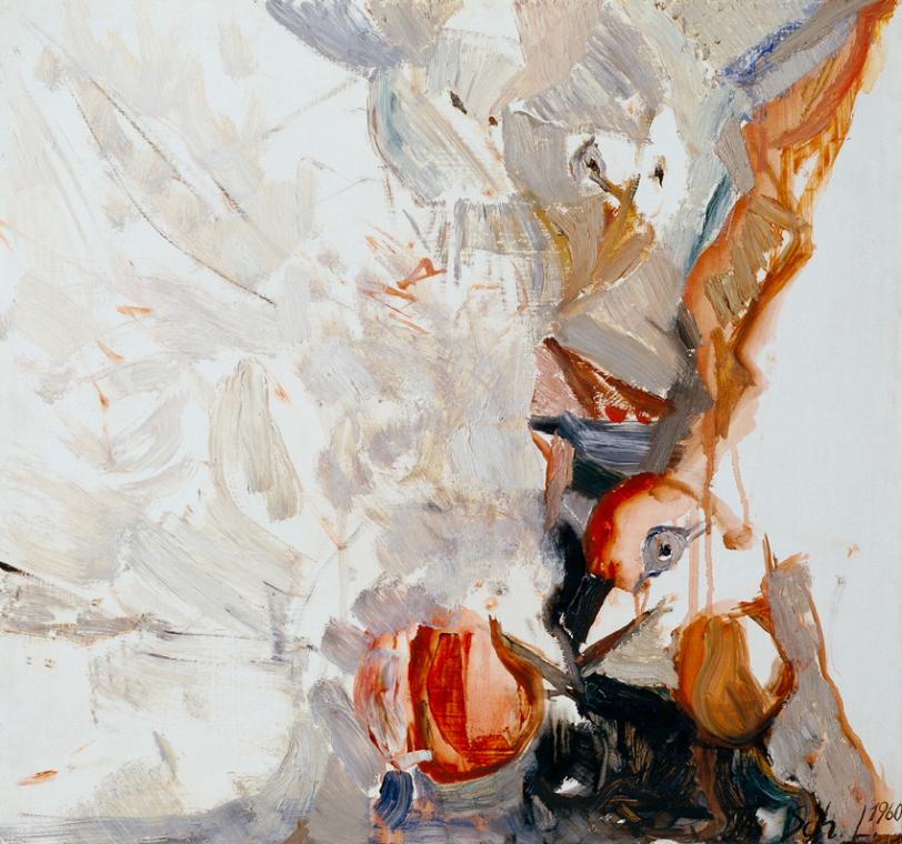 Therese Schütz-Leinfellner, Kleines Hühnerbild, 1960, Öl auf Hartfaserplatte, 43 × 46 cm, Artot…