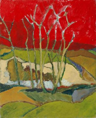 Erwin Reiter, Landschaft mit rotem Himmel, 1959, Öl auf Holzfaserplatte, 48 x 39 cm, Artothek d…