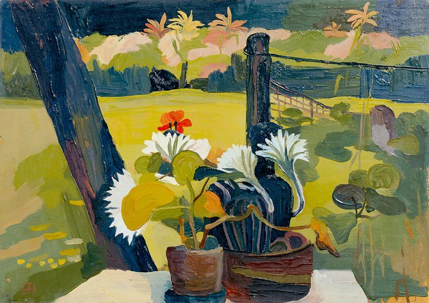 Hubert Tuttner, Blühende Kakteen in Landschaft, undatiert, Öl auf Holzfaserplatte, 43 x 61 cm, …