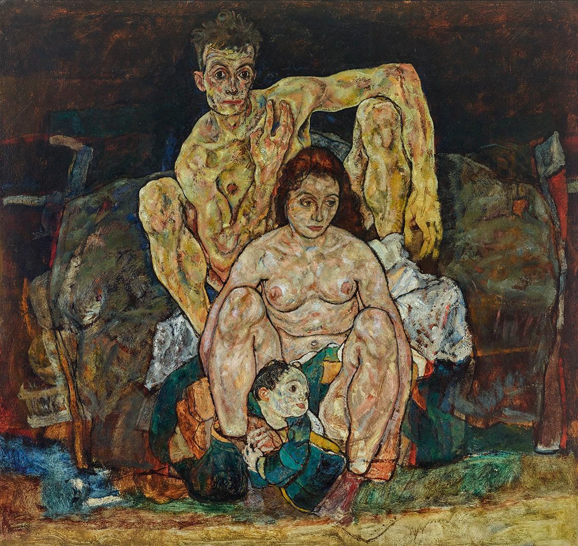 Egon Schiele, Kauerndes Menschenpaar (Die Familie), 1918, Öl auf Leinwand, 150 × 160,8 cm, Belv…