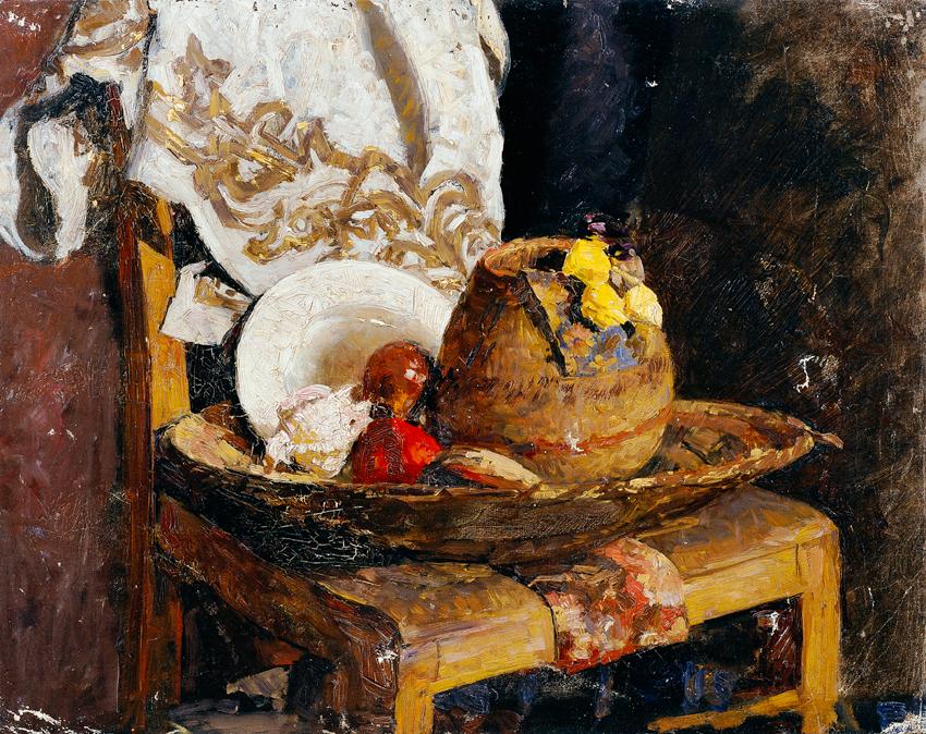 Alexander Rothaug, Stillleben mit Krug und Früchten, um 1895, Öl auf Leinwand, ungerahmt: 49 × …