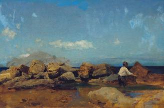 Leopold Carl Müller, Meeresküste mit Monte Pellegrino bei Palermo, Öl auf Leinwand, 38 x 56 cm,…