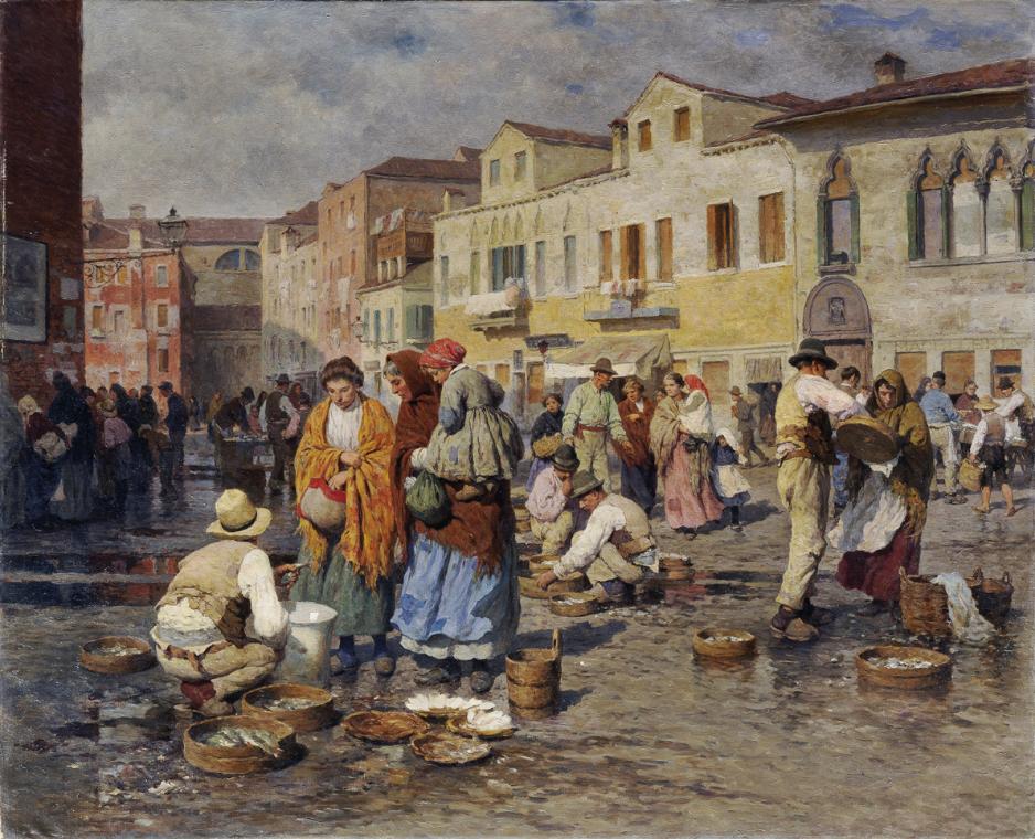Carl Feiertag, Fischmarkt in Venedig, um 1944, Öl auf Leinwand, 84 x 103 cm, Belvedere, Wien, I…