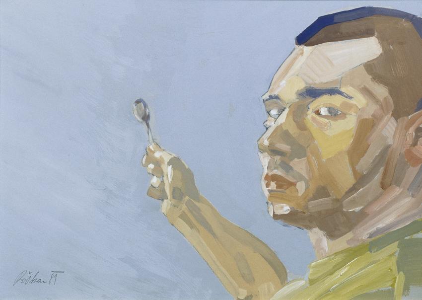Markus Roskar, Den Löffel abgeben, 1989, Gouache auf Karton, 30,5 x 43 cm, Belvedere, Wien, Inv…