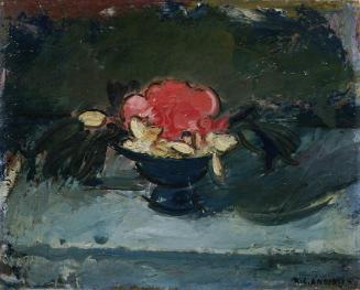 Robin Christian Andersen, Kleines Stillleben mit roter Blüte, Öl auf Karton, 32 x 39,5 cm, Belv…