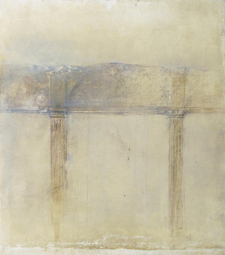 Norbert Fleischmann, Der Ausgrabungsort, 1977, Aquarell, Harzölfarben auf Leinwand auf Hartfase…