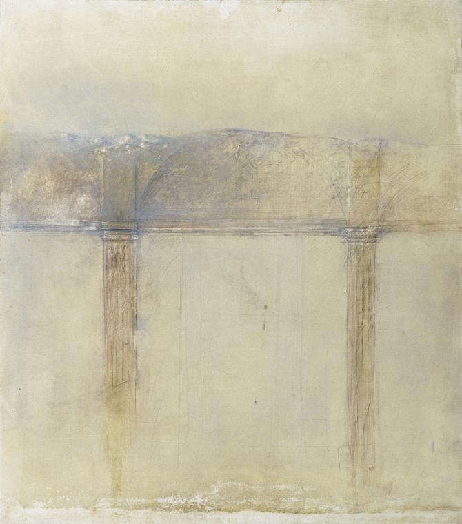 Norbert Fleischmann, Der Ausgrabungsort, 1977, Aquarell, Harzölfarben auf Leinwand auf Hartfase…