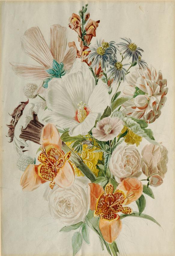 Leopold von Stoll, Blumenstrauß mit Hibiscus und Lilien, um 1800/1820, Aquarell auf Papier, 49,…