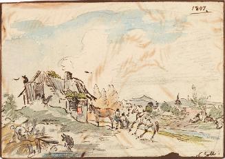 Karl Pischinger, Ländliche Idylle, Bauernhaus mit Pferden, 1847, Feder und  Aquarell auf Papier…