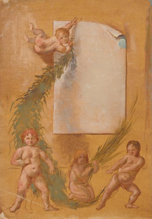Drei Kinder, c. 1880, Tempera auf gelbem Leinen, 34,5 × 24 cm, Belvedere, Wien, Inv.-Nr. SLM 39…